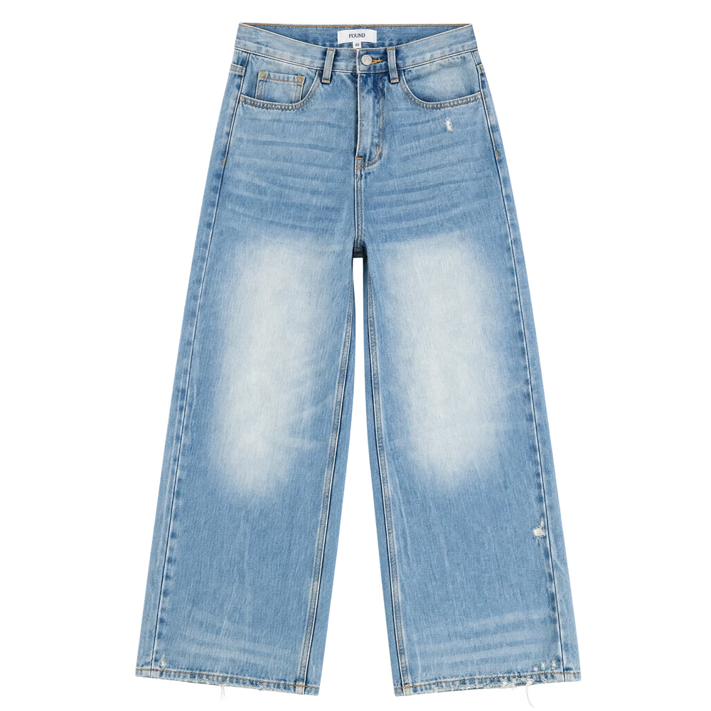 Studio packshot of light blue wide-leg jeans